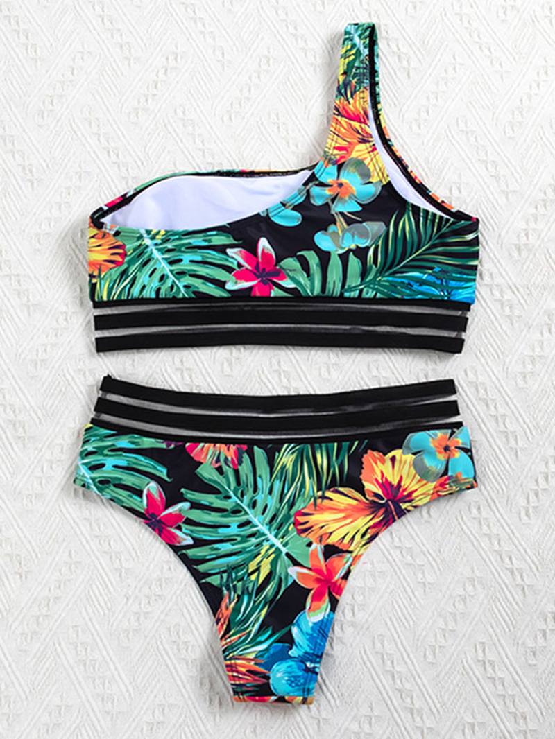 Plant Leaf Tropical Painatus One Shoulder Mesh Trim Bikinit Korkeavyötäröinen Uimapuku