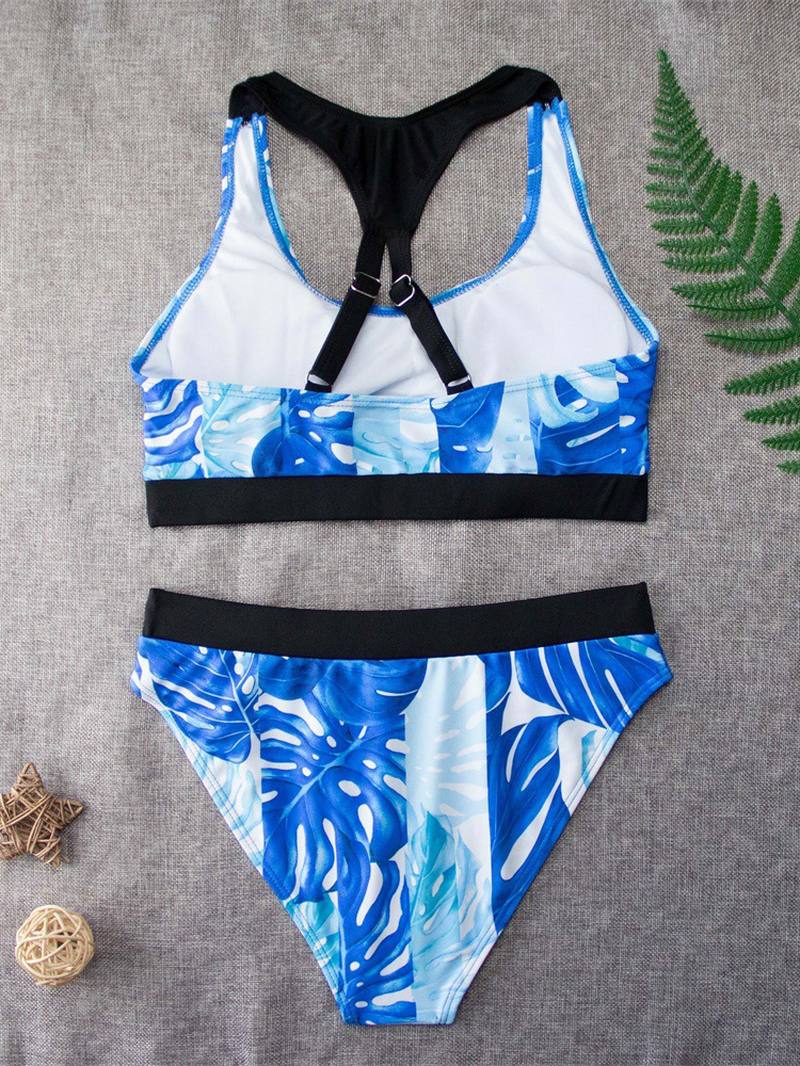 Trooppinen Lehtipainatusti Criss Cross Back Leveät Olkaimet Korkea Vyötärö Summer Beach Bikinit Uimapuvut