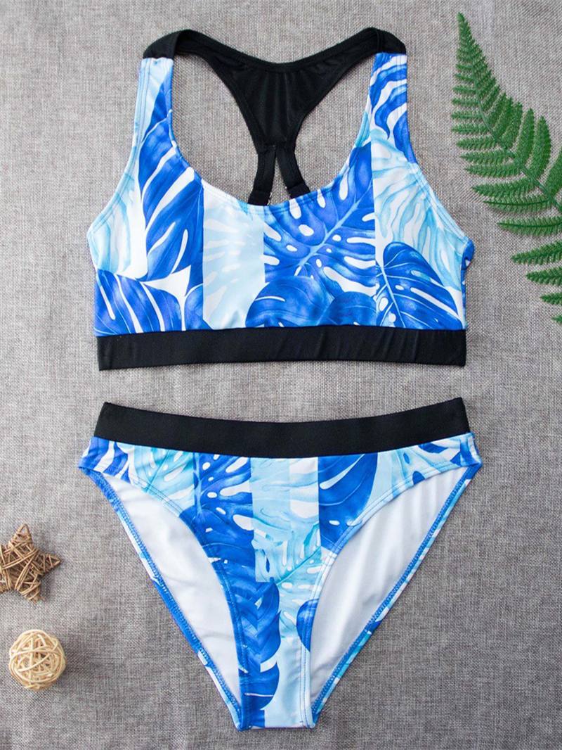 Trooppinen Lehtipainatusti Criss Cross Back Leveät Olkaimet Korkea Vyötärö Summer Beach Bikinit Uimapuvut