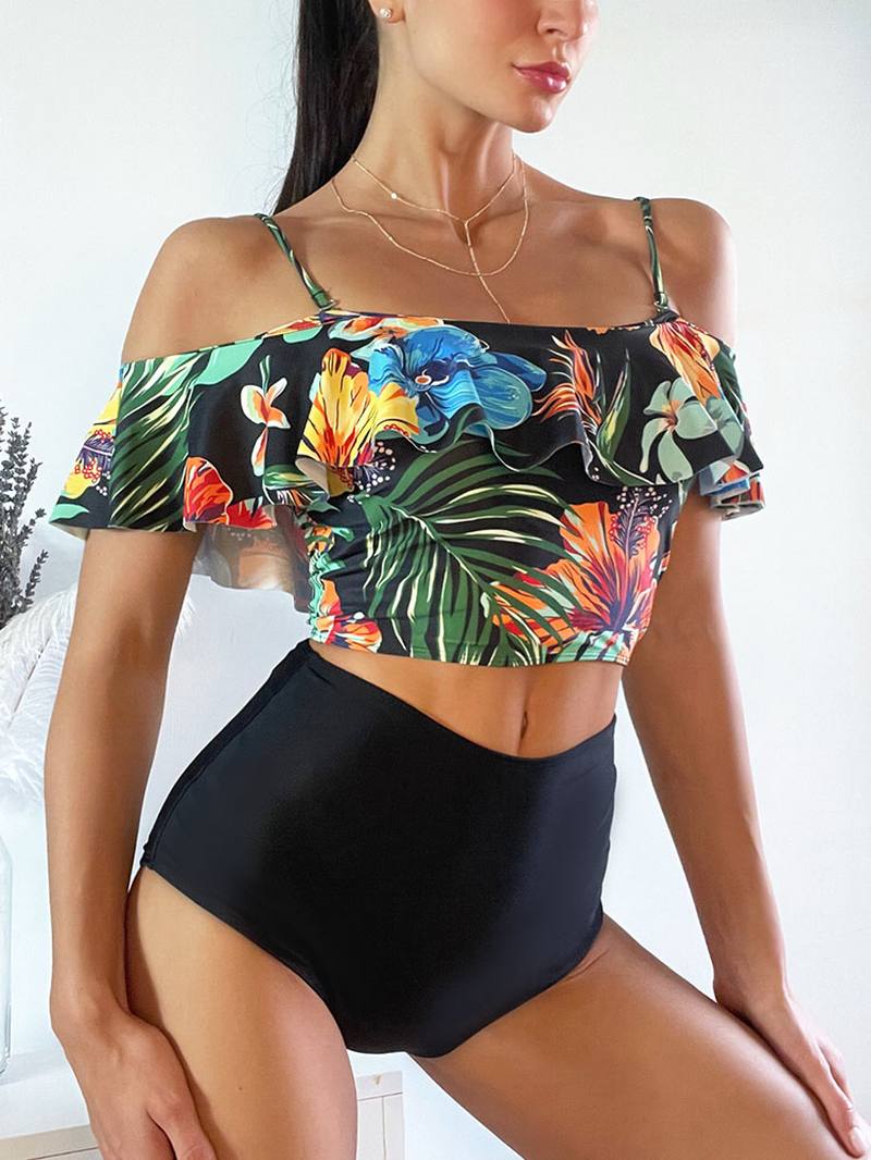 Tropical Plant Painatus Ruffle Spaghetti Straps Korkeavyötäröiset Bikinit Naisten Uimapuku