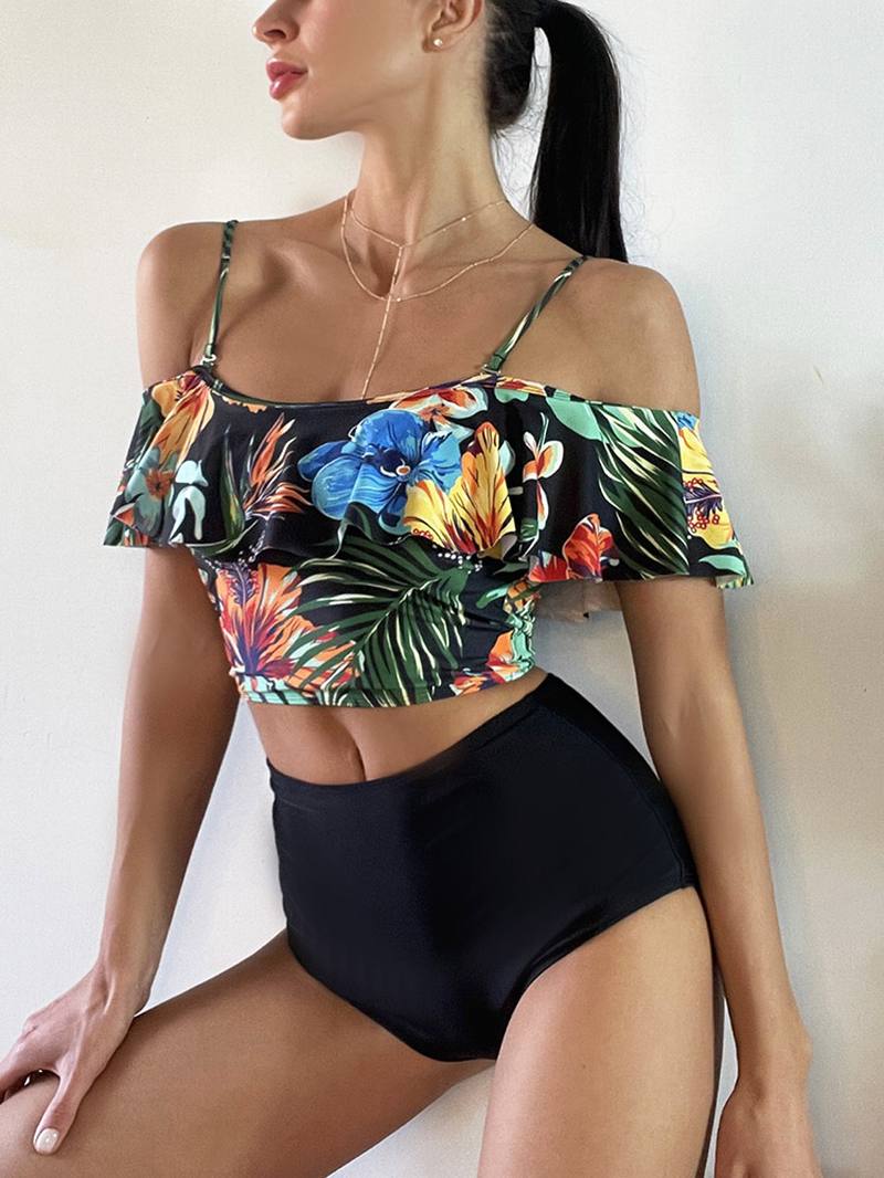 Tropical Plant Painatus Ruffle Spaghetti Straps Korkeavyötäröiset Bikinit Naisten Uimapuku