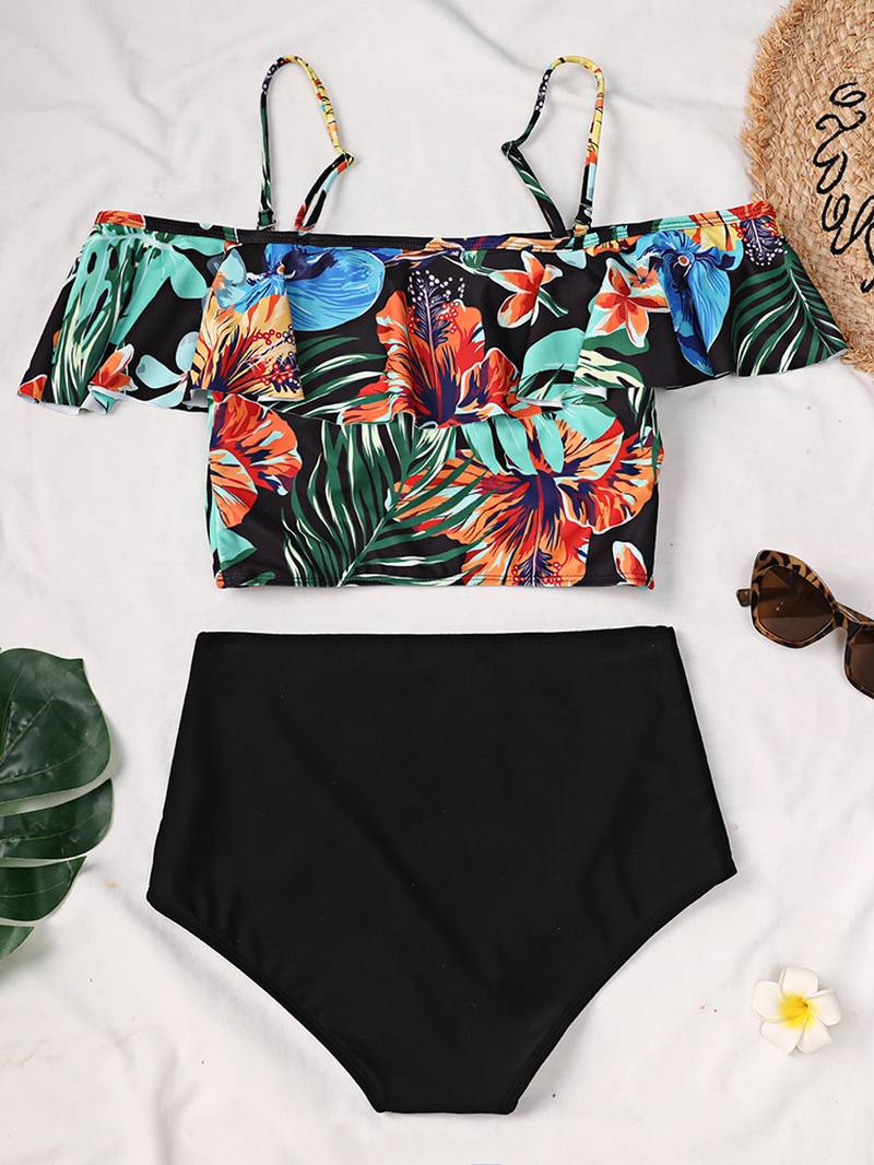 Tropical Plant Painatus Ruffle Spaghetti Straps Korkeavyötäröiset Bikinit Naisten Uimapuku