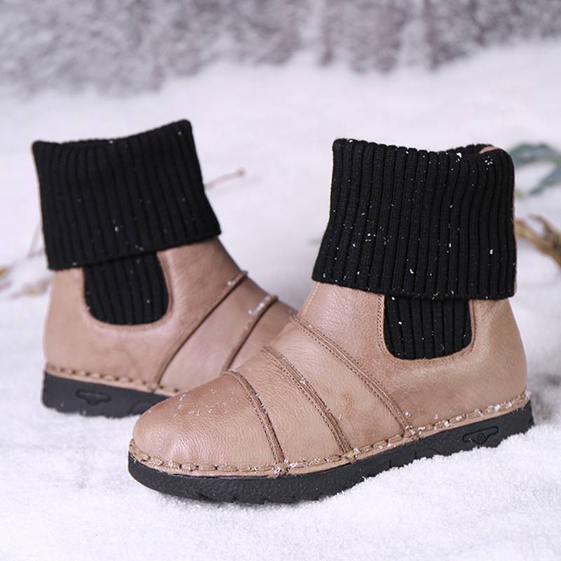 Lehmännahasta Tikkaukset Lämmin Vuori Slip-on Flat Snow Lyhyet Saappaat