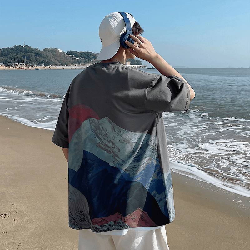 2021 Summer Super Fire Snow Mountain Painatus Lyhythihainen T-paita Miesten Tide Brand Street Hip-hop Puolihihainen T-paita