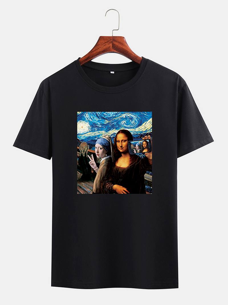 Miesten Funny Kuso Mona Lisa Ja Van Gogh Oil Painatus License Designer Lyhythihaiset T-paidat