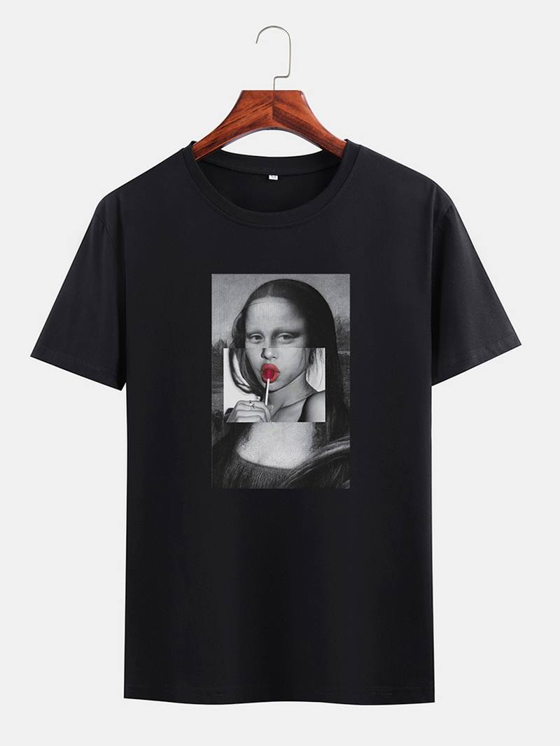 Miesten Funny Kuso Mona Lisa License Crew Neck Musta Lyhythihaiset T-paidat