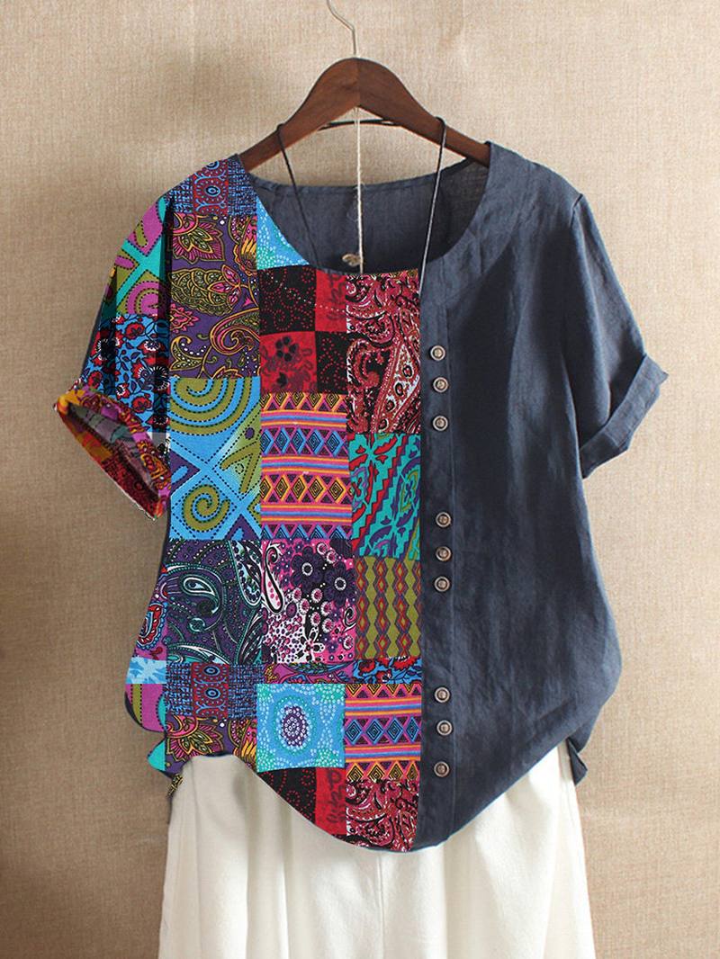 Naisten Folk Style Painatus Patchwork Lyhythihaiset T-paidat