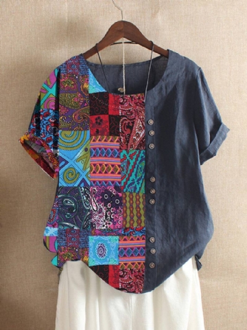 Naisten Folk Style Painatus Patchwork Lyhythihaiset T-paidat