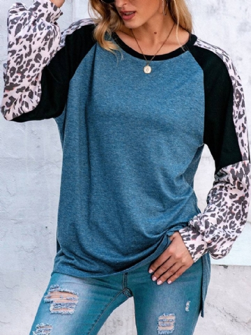 Naisten Leopard Raglan Sleeve Patchwork O-aukkoinen Rento Löysä T-paita