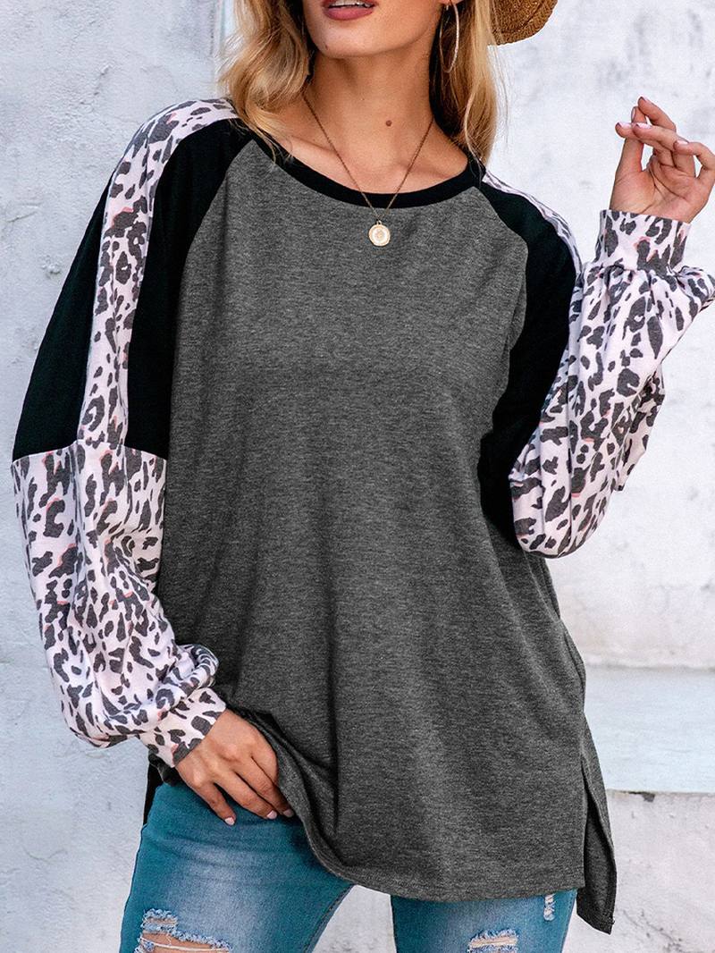 Naisten Leopard Raglan Sleeve Patchwork O-aukkoinen Rento Löysä T-paita