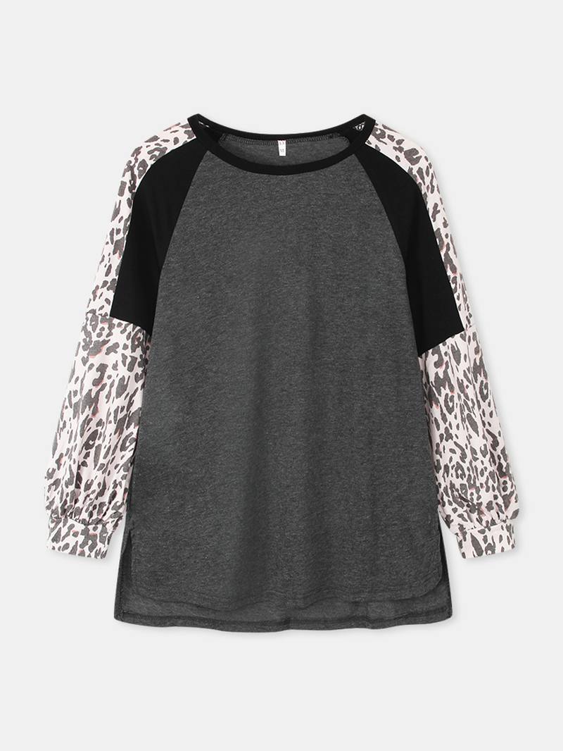 Naisten Leopard Raglan Sleeve Patchwork O-aukkoinen Rento Löysä T-paita