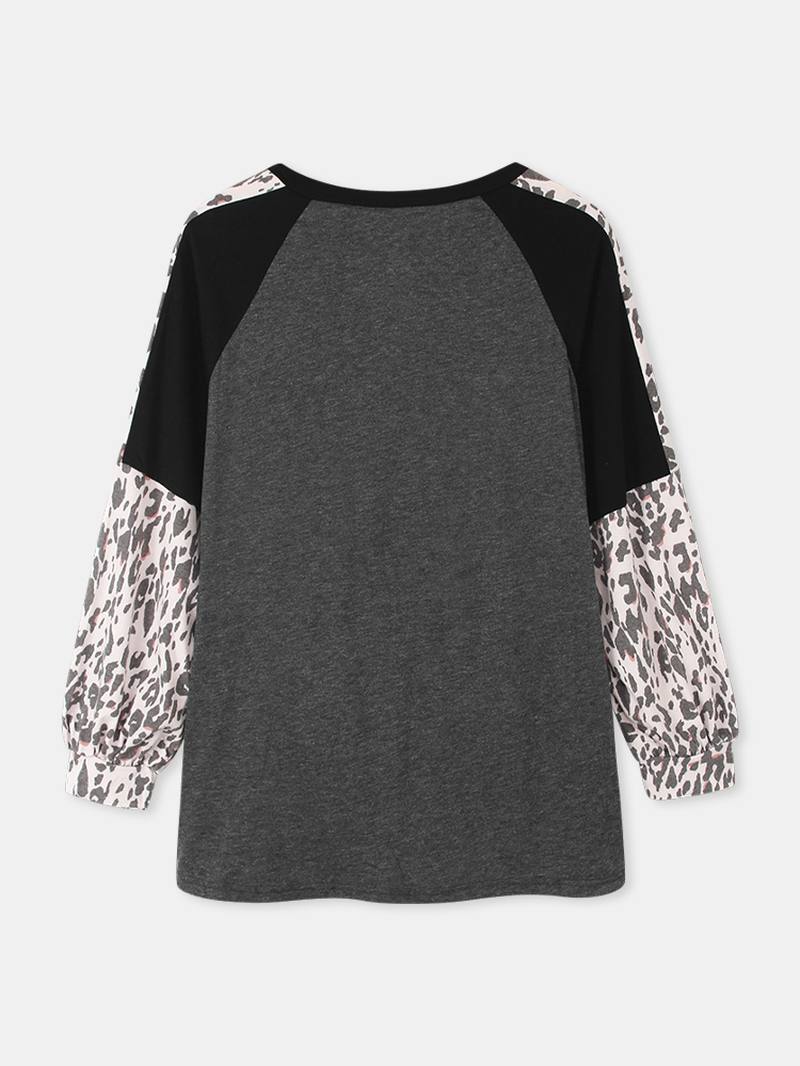 Naisten Leopard Raglan Sleeve Patchwork O-aukkoinen Rento Löysä T-paita