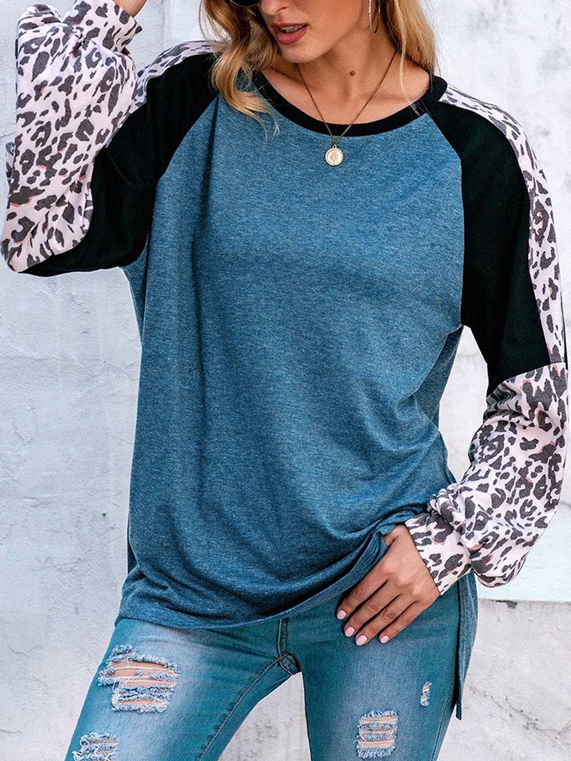 Naisten Leopard Raglan Sleeve Patchwork O-aukkoinen Rento Löysä T-paita