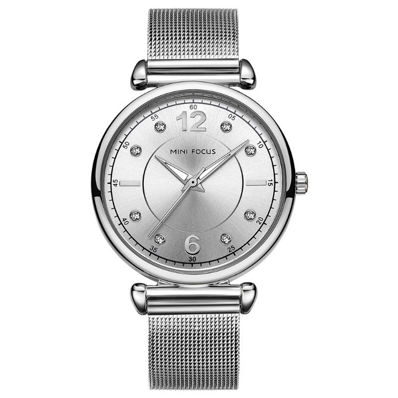 Elegantti Design Mesh-teräksinen Naisten Rannekello Crystal Ladies Quartz Watch