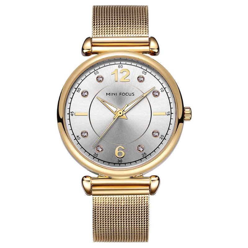 Elegantti Design Mesh-teräksinen Naisten Rannekello Crystal Ladies Quartz Watch