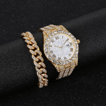 Hip Hop Luxury 2 Kpl Hip-hop-ketju Täystimanttikello Rannekoru Lady Quartz Watch