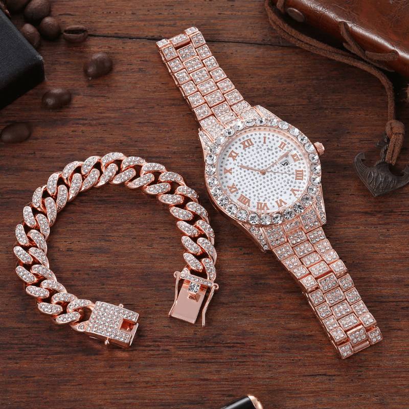 Hip Hop Luxury 2 Kpl Hip-hop-ketju Täystimanttikello Rannekoru Lady Quartz Watch