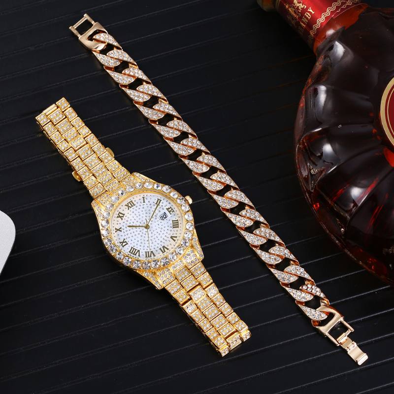 Muoti 2 Kpl/setti Diamond Business Watch Koristeltu Pointer Quartz Watch Rannekoru