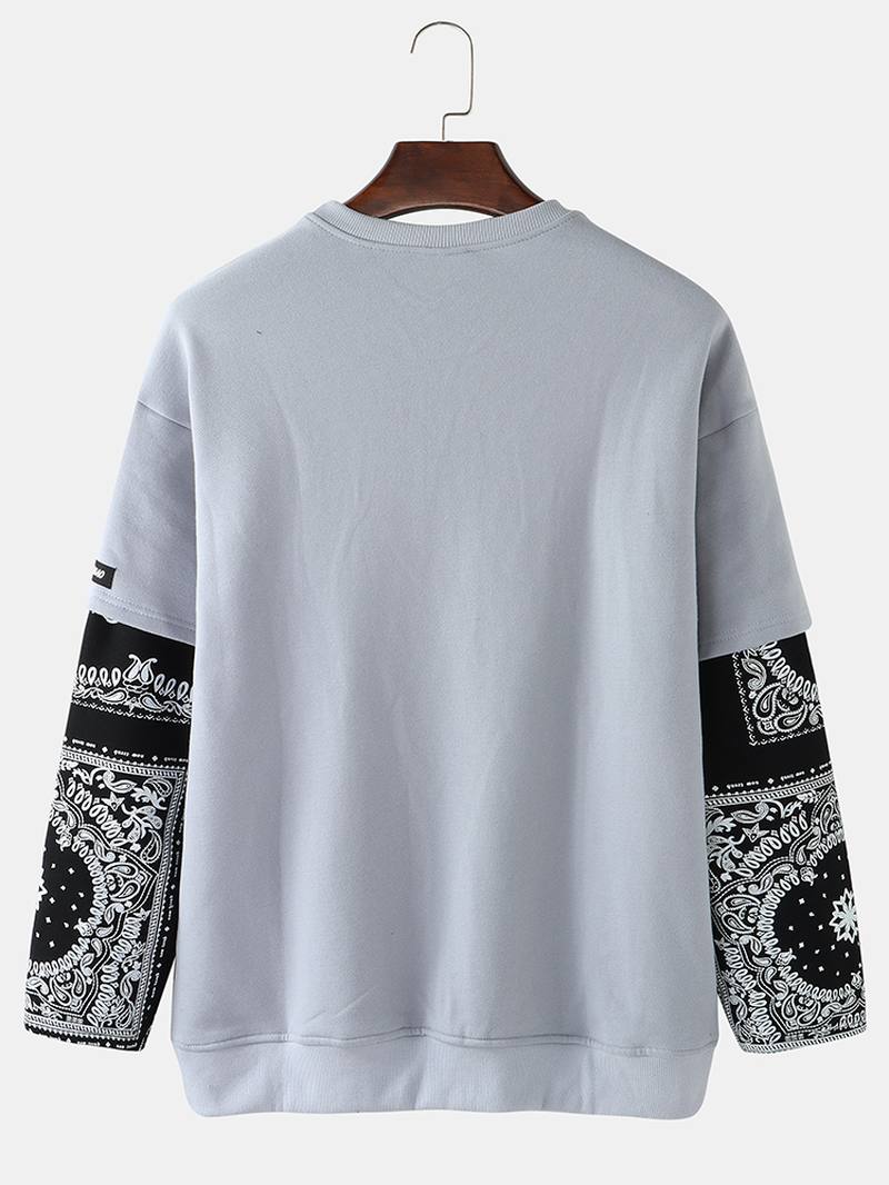 Miesten Patchwork Paisley Painatus Faux Twinset Pullover Drop Shoulder Collegepaidat