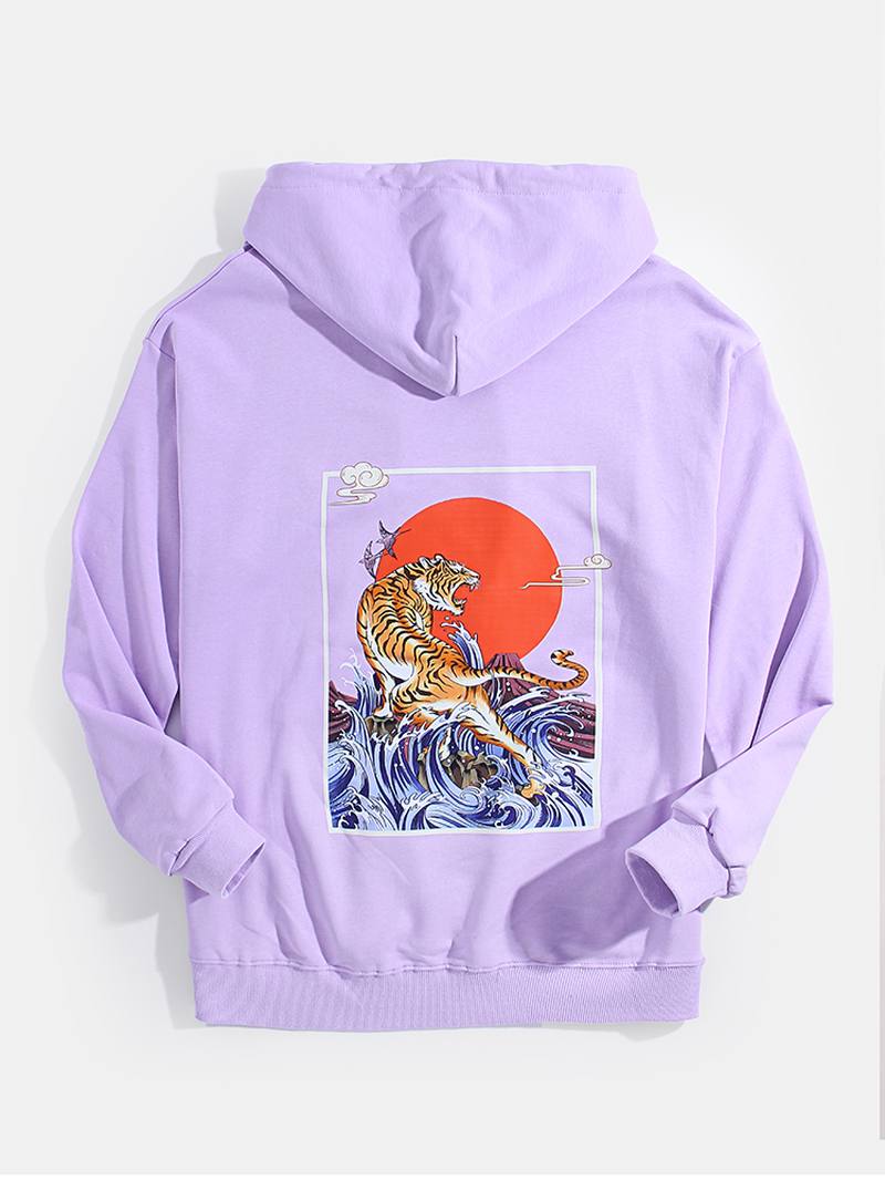 Miesten Ukiyoe Tiger Back Graphics Pocket Kiristysnyörillinen Huppari