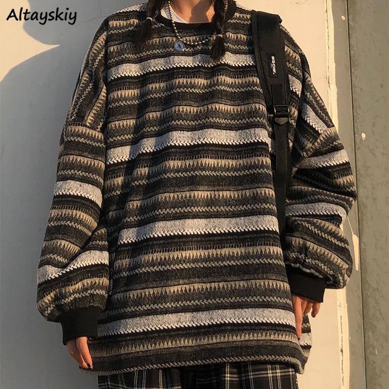 Naisten Oversize Ulzzang Bf Unisex Pariskunnat Japanilainen Raidallinen Neulepusero Hiphop Naisille Uusi Talvimuoti