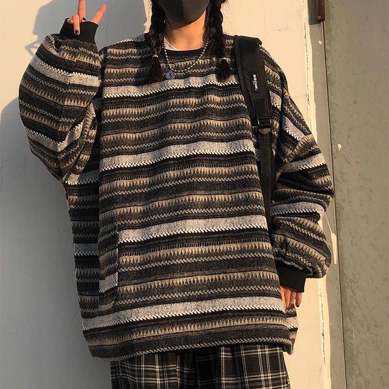 Naisten Oversize Ulzzang Bf Unisex Pariskunnat Japanilainen Raidallinen Neulepusero Hiphop Naisille Uusi Talvimuoti