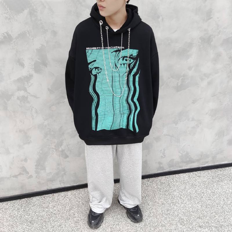 Retro Teary Geometric Painatus Hip Hop Plus Fleece-huppari