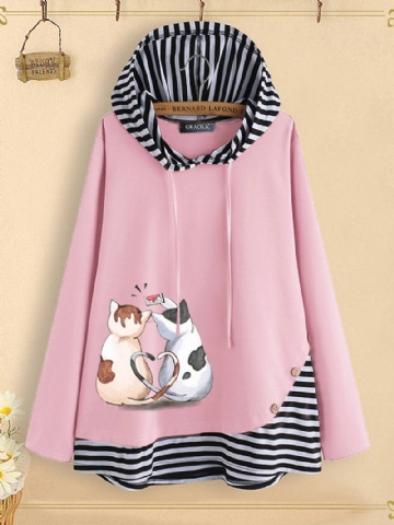 Stripe Patchwork Cartoon Kissa Painatus Button -huppari