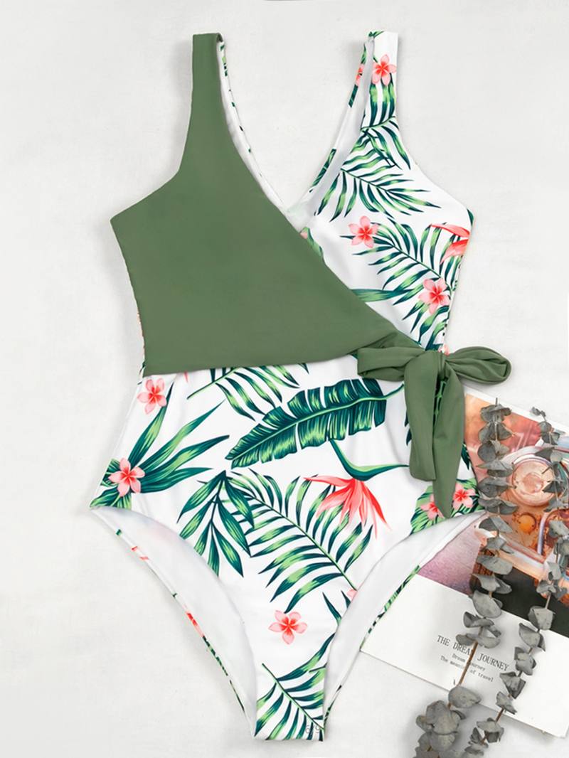 Kontrasti Leaf Painatus Lace Up Leveät Olkaimet Vihreä One Piece Summer Hawaii Uimapuku