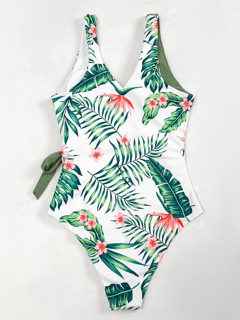 Kontrasti Leaf Painatus Lace Up Leveät Olkaimet Vihreä One Piece Summer Hawaii Uimapuku