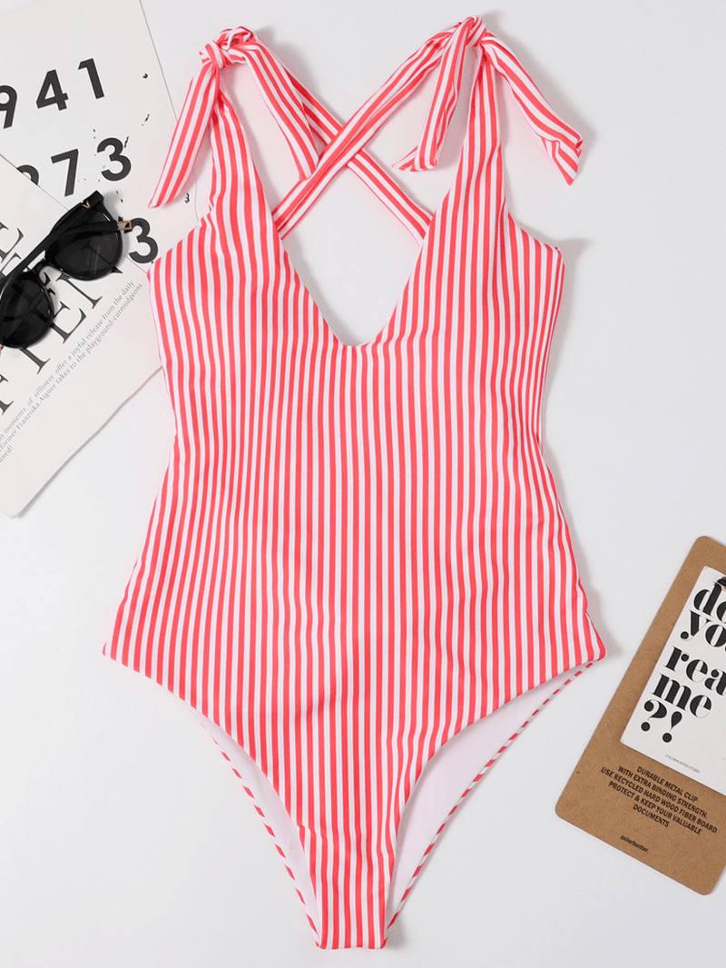 Naisten Pinstripe Criss Cross Back Söpö Rusetti Olkapää Yksiosainen Laihduttava Uimapuku