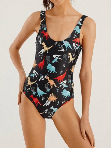 Naisten Sarjakuva Dinosaur Painatus Open Back One Piece Beach Swimwear