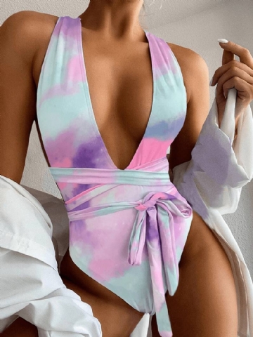 Tie Dye Backless Bandage High Fork Holiday One Piece -naisten Rantauimapuvut