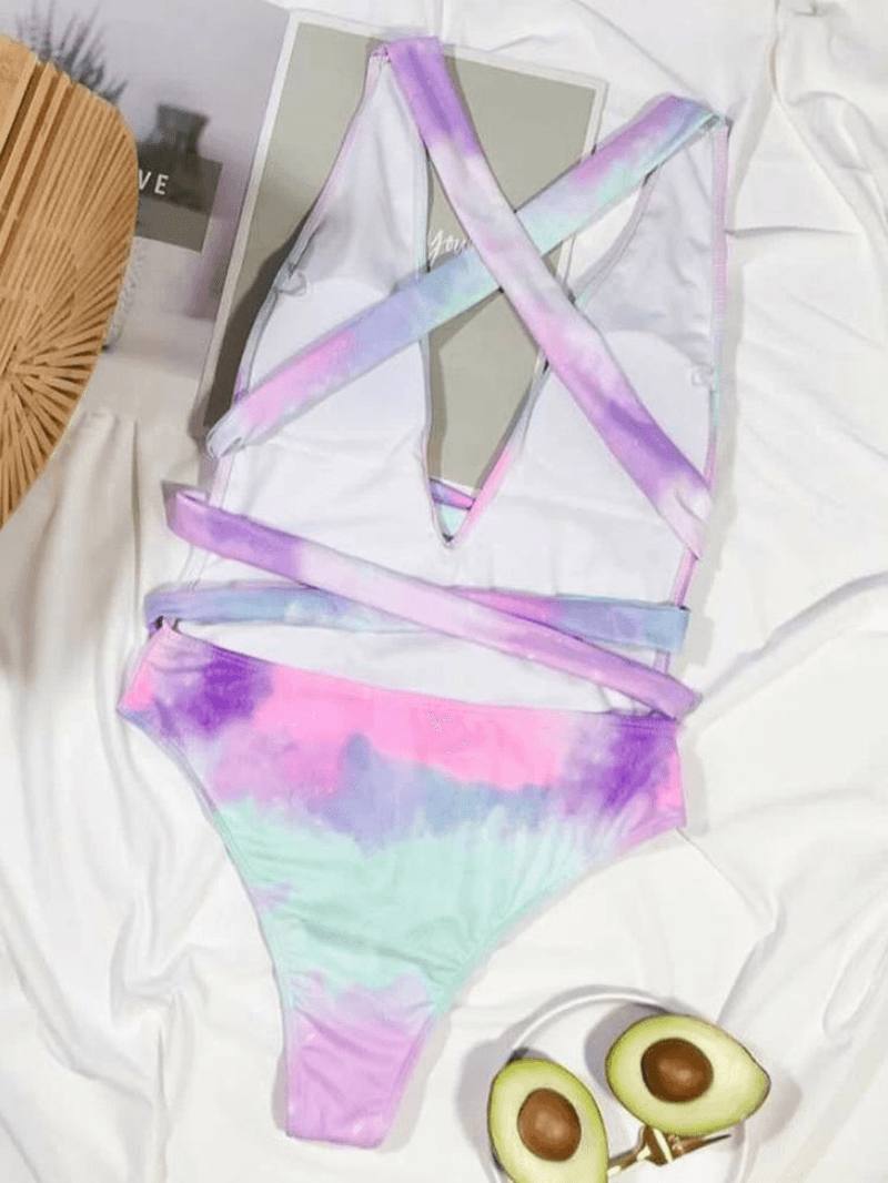 Tie Dye Backless Bandage High Fork Holiday One Piece -naisten Rantauimapuvut