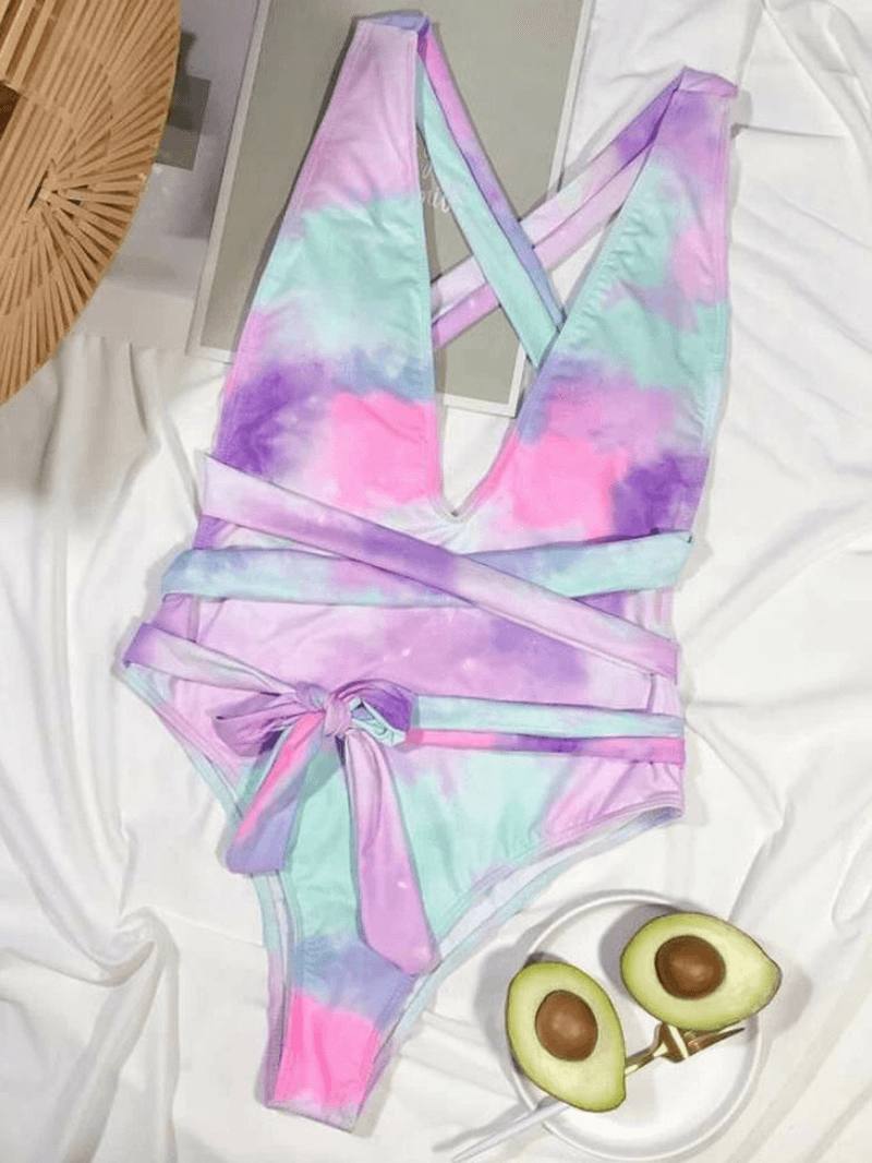 Tie Dye Backless Bandage High Fork Holiday One Piece -naisten Rantauimapuvut