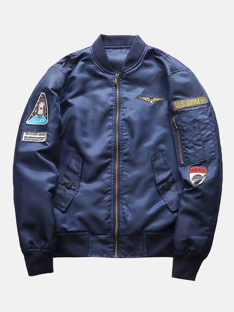 Miesten Applikoitu Vintage Kiinteä Vetoketjullinen Bomber-takki Taskulla