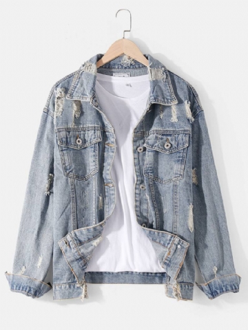 Miesten Kiinalainen Teksti Takaisin Tulosta Distressed Denim -takki