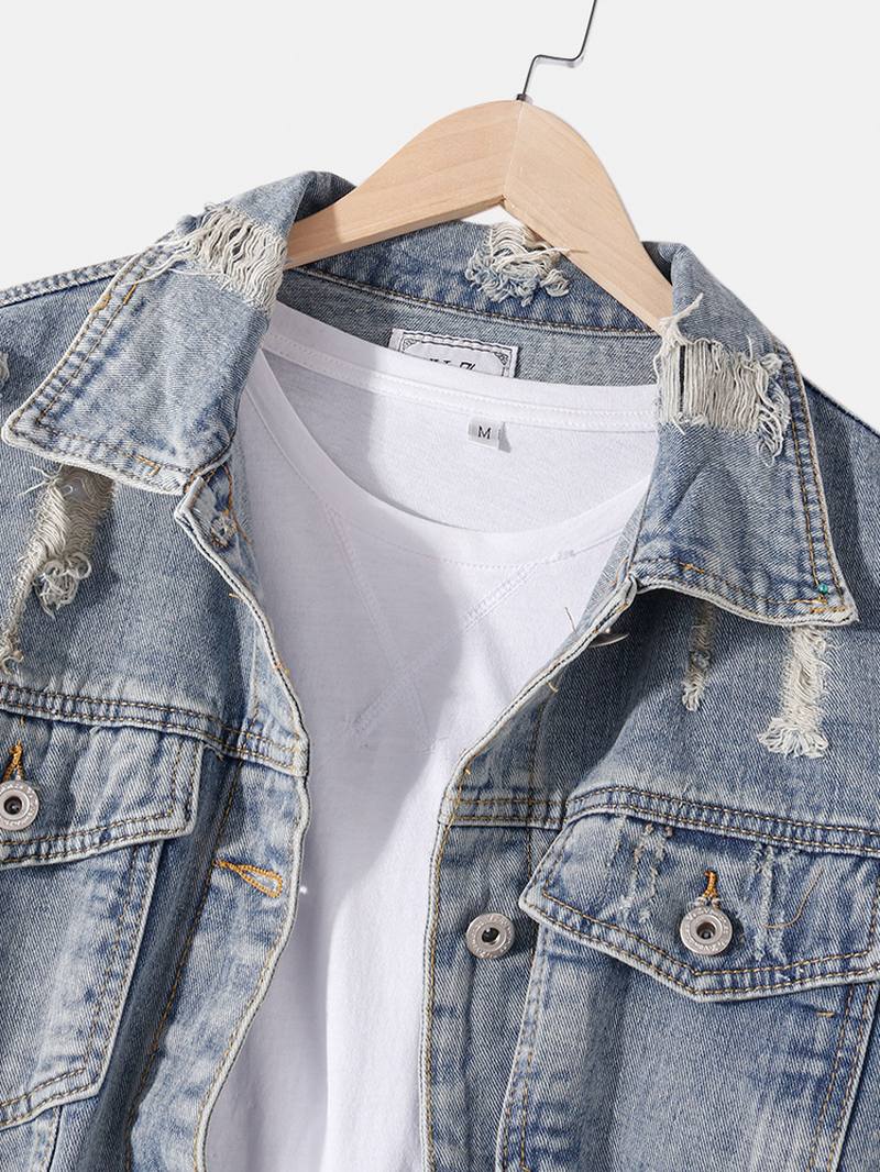 Miesten Kiinalainen Teksti Takaisin Tulosta Distressed Denim -takki