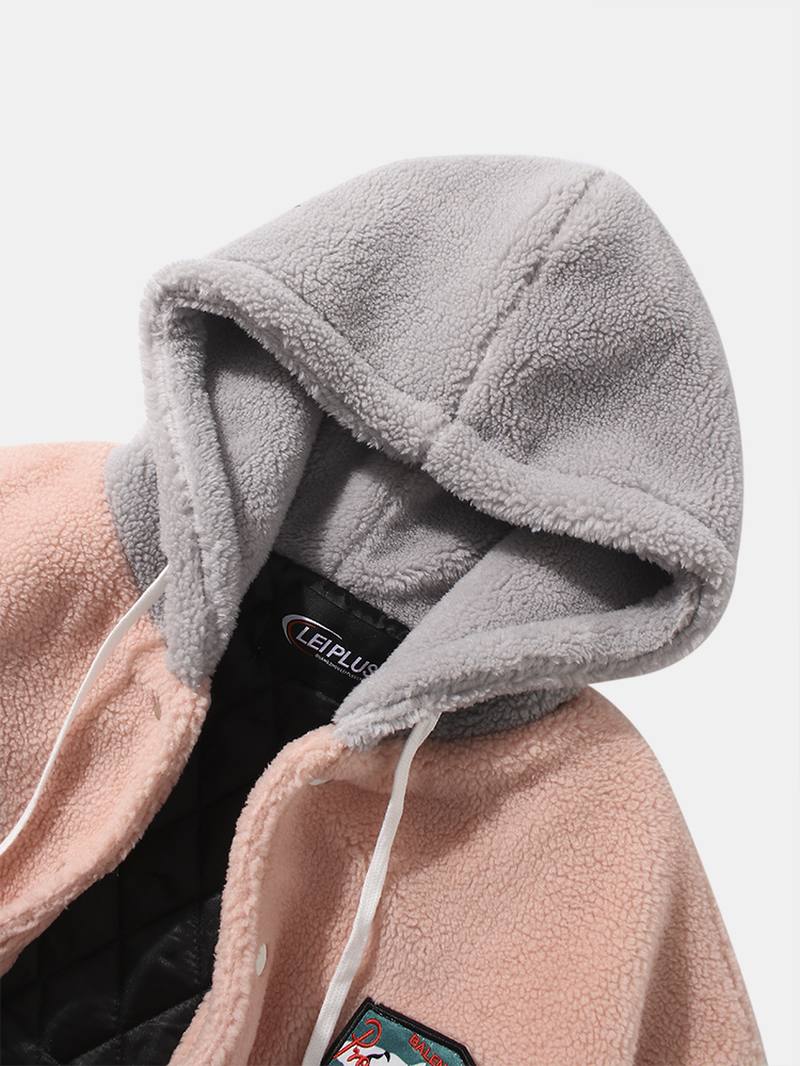 Miesten Lämmin Grafiikka Drop Shoulder Fleece Paksu Hupullinen Takki Taskulla