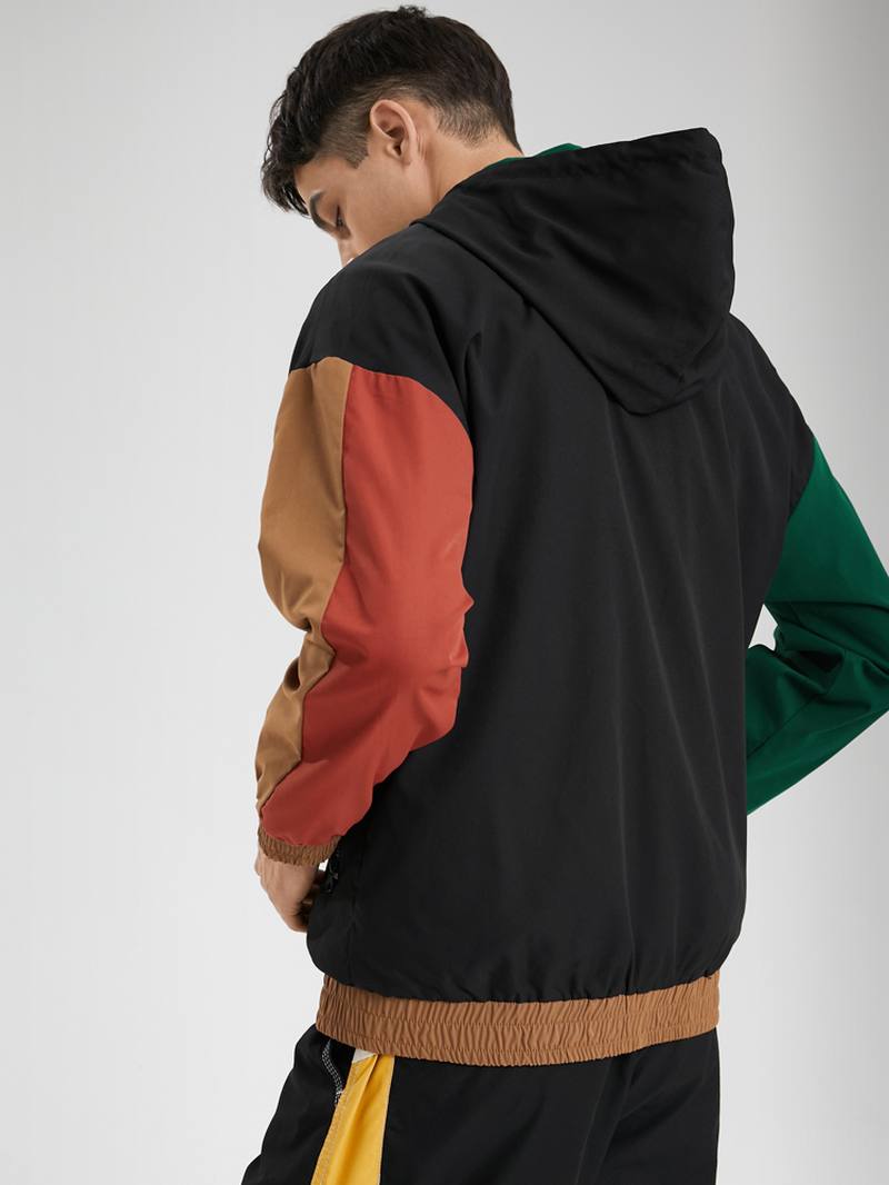 Miesten Patchwork Color Block Painatus Full Zip Pocket Hupparit Tuulitakit