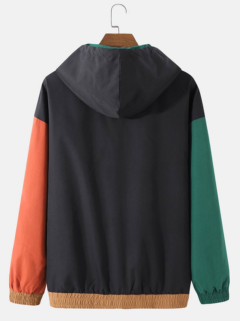 Miesten Patchwork Color Block Painatus Full Zip Pocket Hupparit Tuulitakit