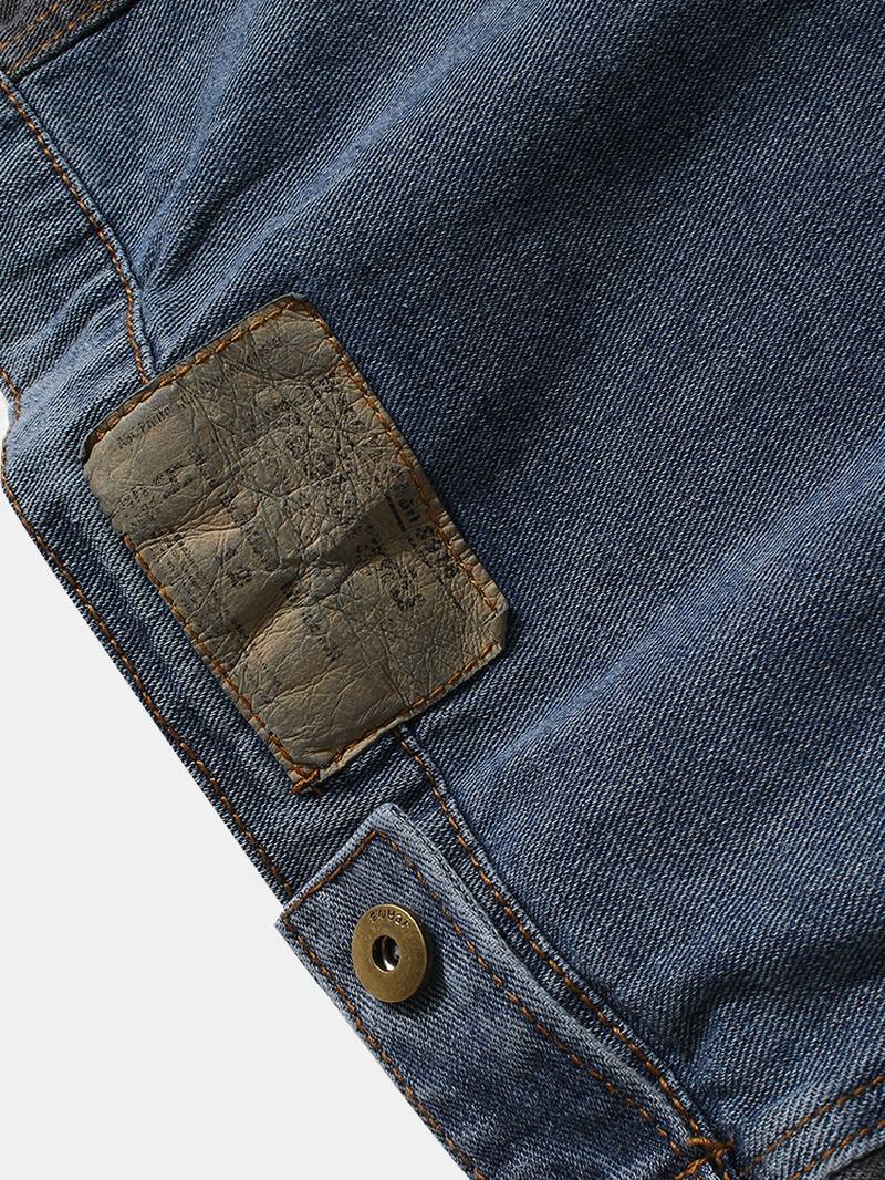 Miesten Patchwork Multi Pocket Lapel Distressed Denim Takki