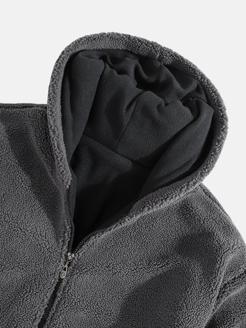 Miesten Sherpa Fleece Patchwork Vetoketjullinen Puuvillainen Rento Hupullinen Takki Taskulla