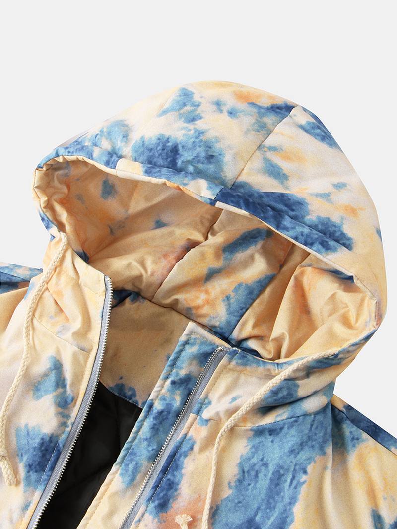 Miesten Tie-dye Double Flap Taskut Vetoketju Paksu Löysä Hupullinen Takki