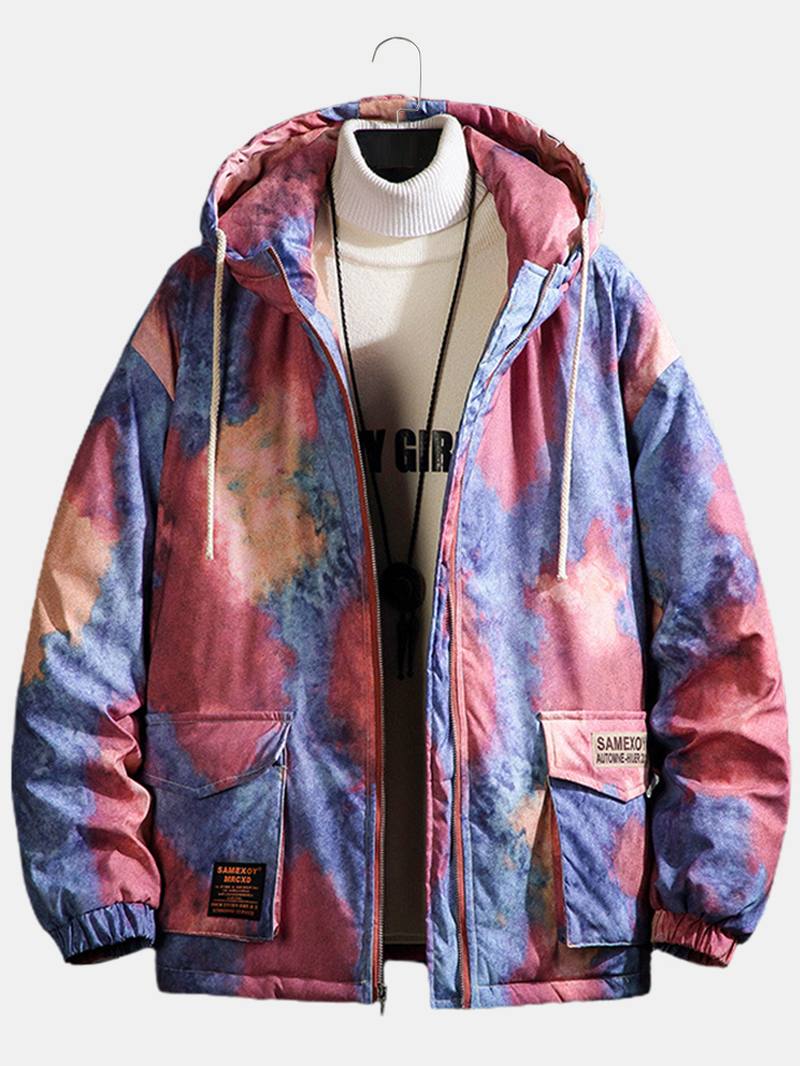 Miesten Tie-dye Double Flap Taskut Vetoketju Paksu Löysä Hupullinen Takki