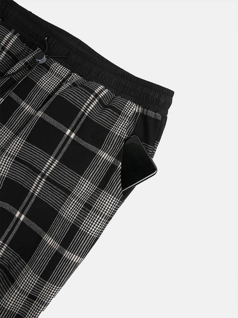 Miesten 100% Puuvillaa Tartan Plaid Löysät Joustavat Vyötäröhousut Taskulla