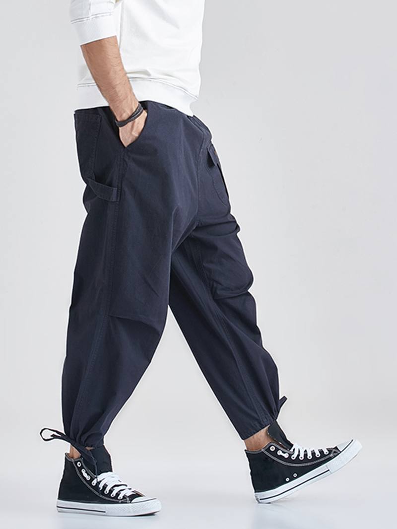 Miesten 100% Puuvillaiset Monitaskuiset Kiristysnyörilliset Navy Jogger -housut