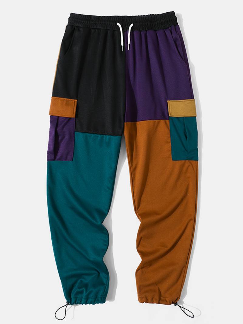 Miesten Patchwork Color Block Sivutaskut Kiristysnyörillä Street Pants