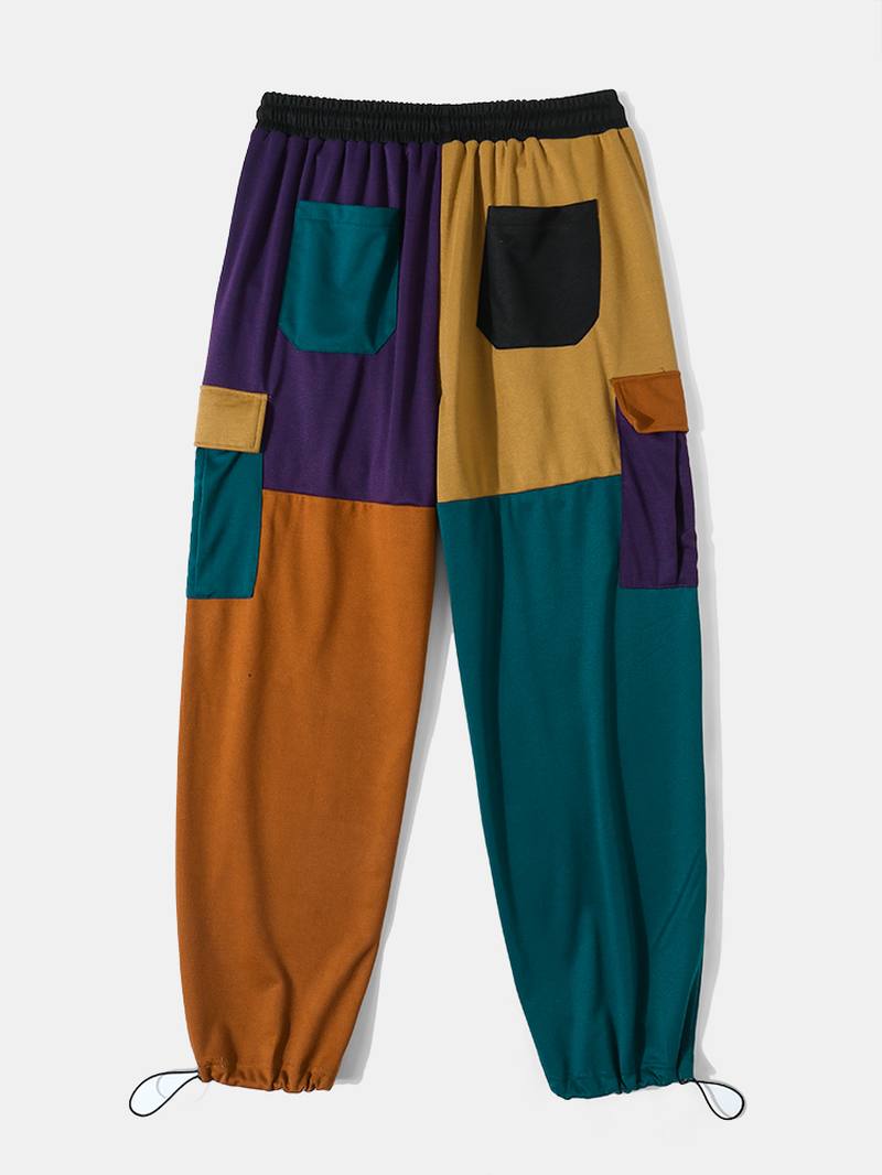 Miesten Patchwork Color Block Sivutaskut Kiristysnyörillä Street Pants