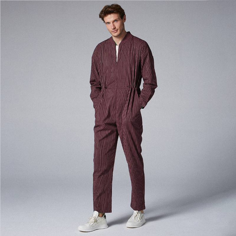 Miesten Puuvillainen Stripe Stand Kaulus Onesies Taskut Rento Suora Haalari